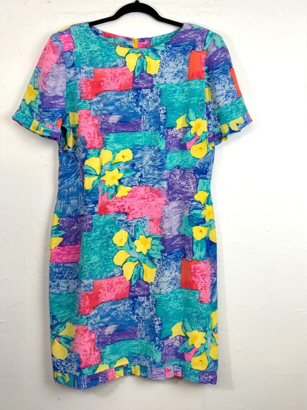 100% SILK Vibrant Floral Brushstroke Shift Dress - Multicolor